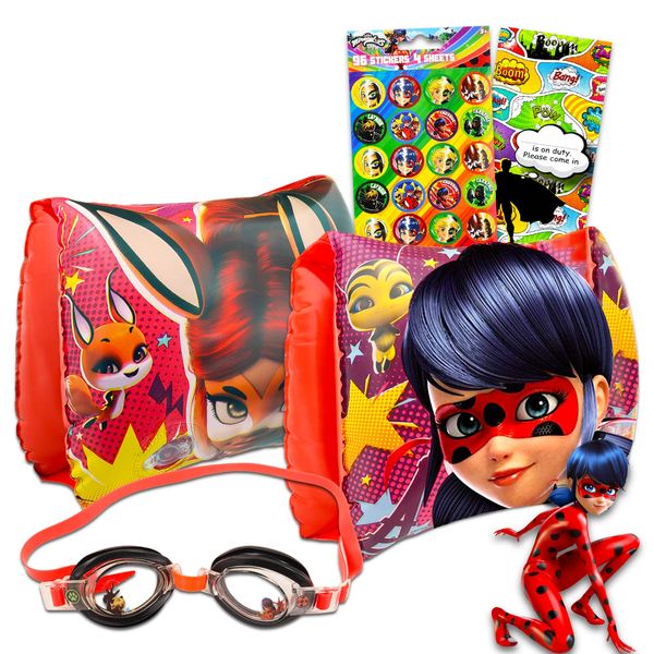 Miraculous Ladybug Bath Toys Set - Miraculous Ladybug Summer Pool Toys Bundle with Inflatable Arm Floaties, Goggles, Stickers and More (Miraculous Ladybug Beach Toys)