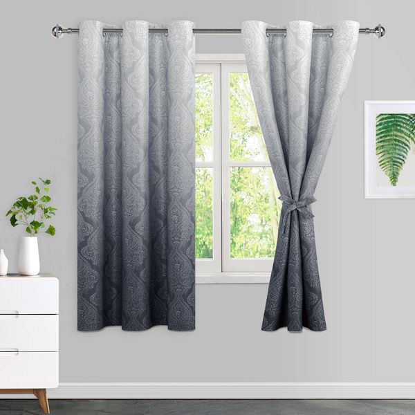 JIUZHEN Grey Ombre Blackout Curtains for Bedroom– Damask Patterned Thermal Insulated Noise Reducing Grommet Curtains with Tiebacks, 42 x 63 Inches, Set of 2 Window Curtain Panels