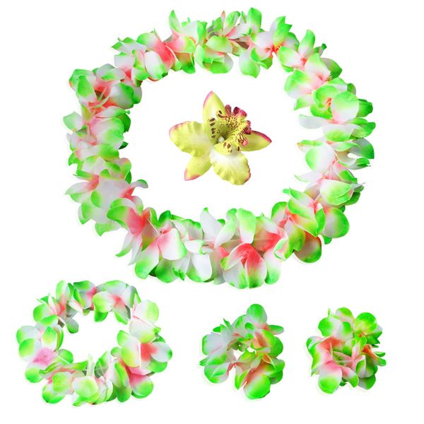 Hawaiian Leis Headband Wristbands Flower Hair Clips Luau Tropical Women Necklace Headpiece Hair Bands Hairband Bracelets Summer Beach Pool Cosplay Dress Up Birthday Party Decorations Supplies Green