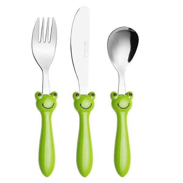 Exzact Children's Cutlery Stainless Steel 3pcs Set/Kids Cutlery/Toddler Utensils/Flatware - 1 x Fork, 1 x Safe Dinner Knife, 1 x Dinner Spoon (Frog x 3)