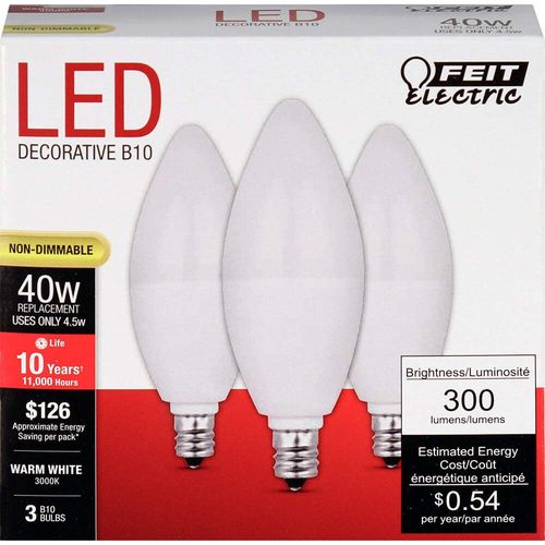 Feit Electric CTF40/10KLED/3 Non-Dimmable Led Bulb, 40 W, 120 Vac, 300 Lumens, 3000 K, CRI >80, 4 in L, 3.9" H x 1.4" D, Warm White, 3 Piece