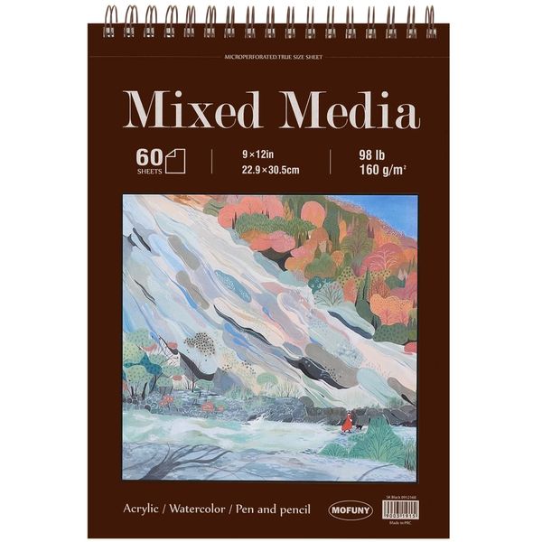 Mixed Media Sketch Pad, 9 x 12 inches, 60 Sheets (98lb/160gsm) Heavyweight Drawing Papers, Top Spiral Bound Hardcover Sketchbook, for Wet and Dry Media, Drawing, Painting