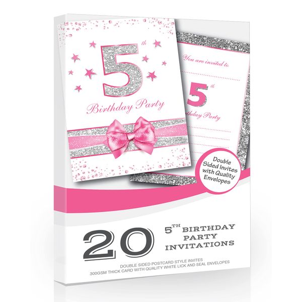 Olivia Samuel 20 x 5th Birthday Party Invitations from Pink Sparkly Design and Photo Effect Silver Glitter - A6 Postcard Size with envelopes