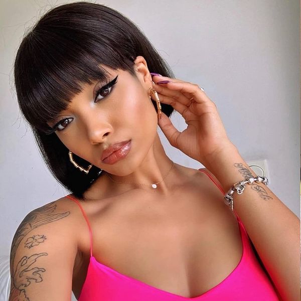 FASHION IDOL Bob Human Hair Wig with Bangs for Black Women Short Straight Hair 8 Inch Natural Black Glueless Machine Made Short Bob Wigs (8 Inches, Natural black)