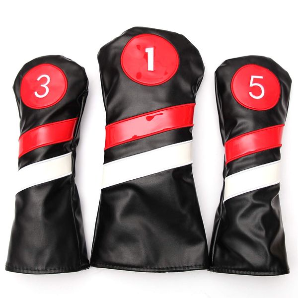 SHABIER Golf Head Covers 3pcs/Set Driver Fairway Wood Headcovers White Red and White Vintage PU Leather 1 3 5 Driver and Fairway Head Covers for Golf Club (Black 135)