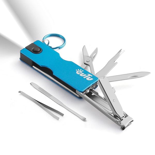 OUTU Nail Clippers 8 Function Nail Polish Keychain Multi Tool Stainless Steel for Men Women Nail File Scissors Knife Tweezers Earpick LED Flashlight Portable Small Mini Nail Clipper Travel Folding Travel (Blue)