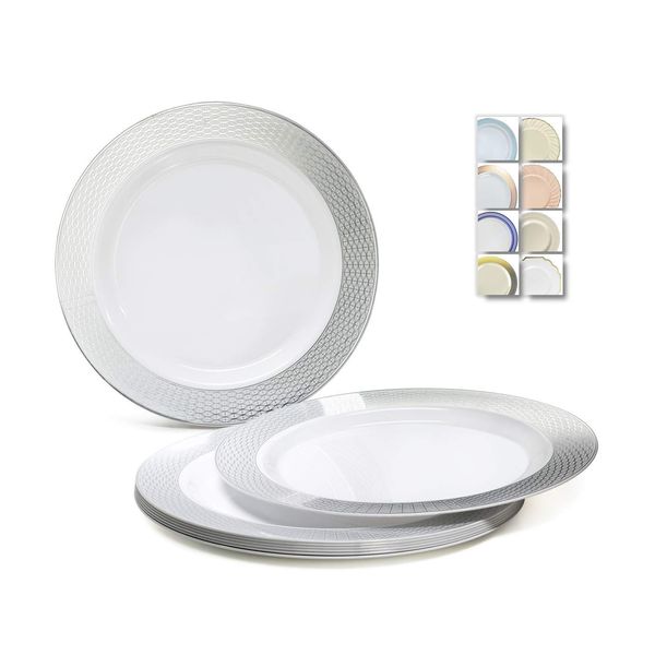 " OCCASIONS " 40 Plates Pack, Heavyweight Disposable Wedding Party Plastic Plates (7.5'' Appetizer/Dessert Plate, Diamond White & Silver)