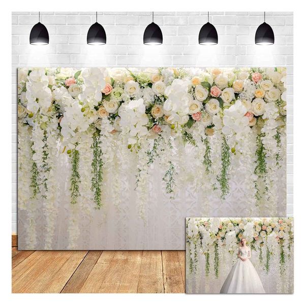 8x6ft Vinyl White Rose Floral Photography Backdrops Bridal Shower Wedding Flowers Wall Decor Photo Background Girl Woman Queen Birthday Party Banner Baby Shower Cake Table Decor Props Booth