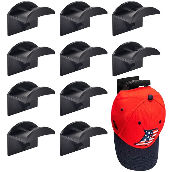 Vibbang 10 Pack Adhesive Hat Holder Cap Hook for Wall Mount No Drilling Hat Rack Organizer Strong Hold for Baseball Caps Modern Hat Hangers Storage for Door, Closet, Office, Bedroom (Black)