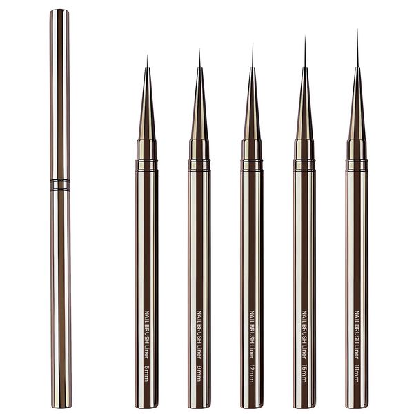 Lokaloka 6/9/12/15/18mm Nagel Pinsel Set für Gelnägel Nagellack Nailart Nail Art Brush mit Deckel, 5 Stück Dünn Fein Pinselset French Fineliner Liner für UV Nägel Gel Neonail Acryl