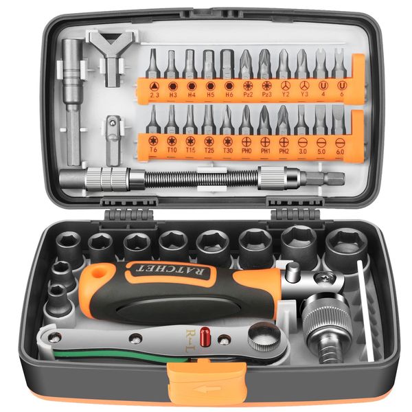 Noosverl 38-Piece 1/4 Inch Orange Ratchet Tool Set, Ratchet Wrench Set, Socket Spanner Set, Ratchet Box, Small, Tool Box Tool Set