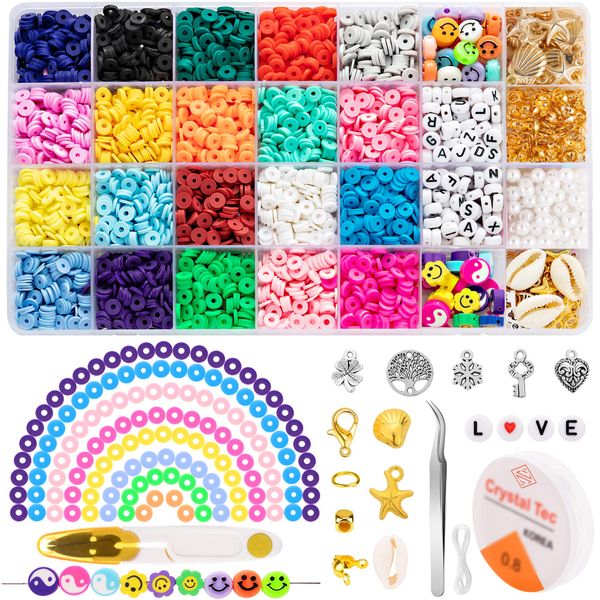 5200Pcs Clay Flat Beads Polymer Clay Beads 20 Colours 6mm Heishi Round Clay Spacer Beads for Jewellery Making Bracelet Necklace Earring DIY Jewellery Making Kit for Kids Adults(28 Grids)