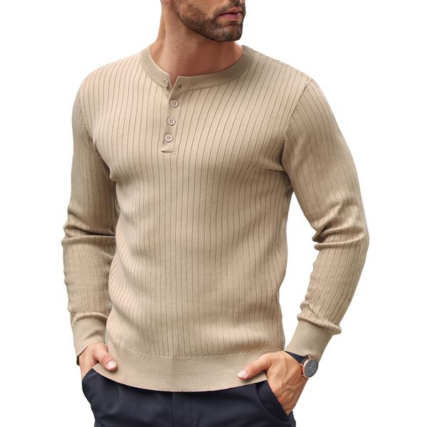 COOFANDY Men's Long Sleeve Knit Henley Shirts Casual Henley T-Shirts Lightweight Ribbed Sweater Khaki