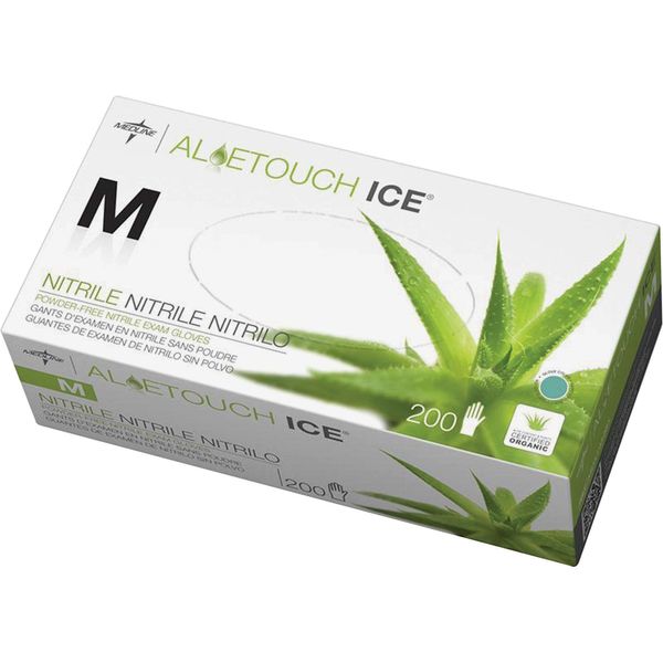 Medline AloeTouch Ice Nitrile Exam Gloves, 200 Count, Medium, Powder Free, Disposable, Soothes Hands, Tear Resistant, Multi-use Healthcare Tasks Green