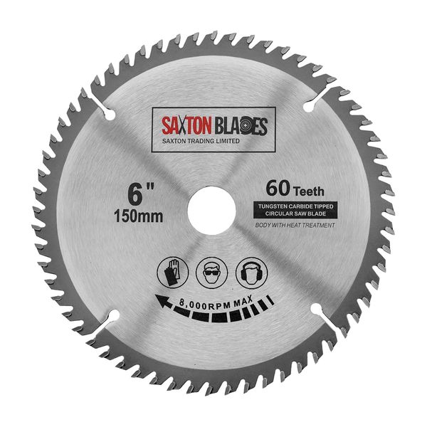 Saxton TCT Circular Saw Blade 150mm x 20mm bore x 60 teeth + 16mm and 10mm Ring Compatible with Ryobi Bosch