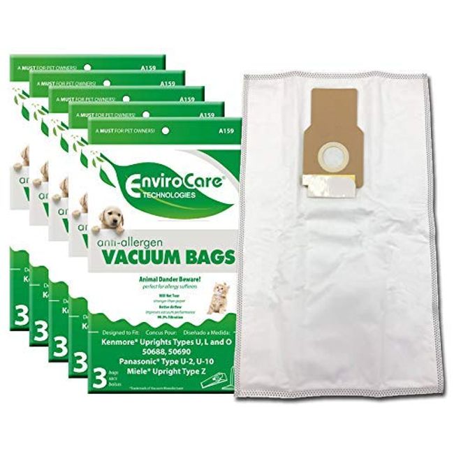 EnviroCare Replacement Anti-Allergen Vacuum Bags for Kenmore 50688 and 50690, L, and O, Panasonic Type U-2, U-10 Uprights 15 Pack, White