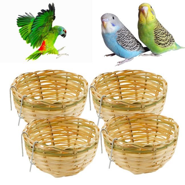 VTurboWay 4 Pack Tiny Handwoven Bamboo Bird Nest Cage House Hatching Breeding Cave with Hook for for Small Bird Parrot Budgie Parakeet Cockatiel Conure Lovebird Finch Canary Cockatoo African Grey