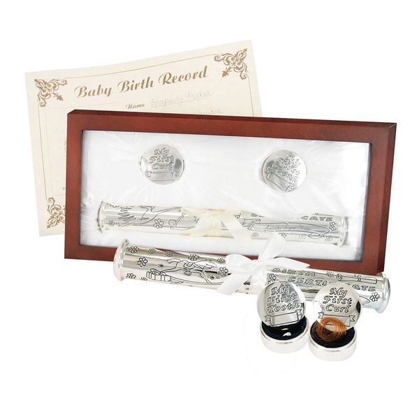 Stephan Baby Satin-Lined Rosewood Keepsake Box with Silver Plated Birth Certificate Holder, First Tooth and First Curl Boxes