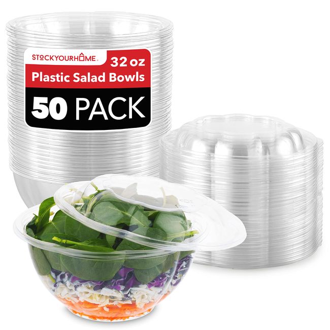 32 Oz. Clear Plastic Salad Bowls With Airtight Lids BPA Free 