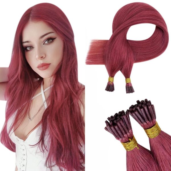 RUNATURE Red I Tip Hair Extensions Real Human Hair Burgundy Stick I Tip Hair Extensions Pre Bonded Hair Extensions Human Hair I Tip Extensions Red Hair 14 Inch 20 Gram