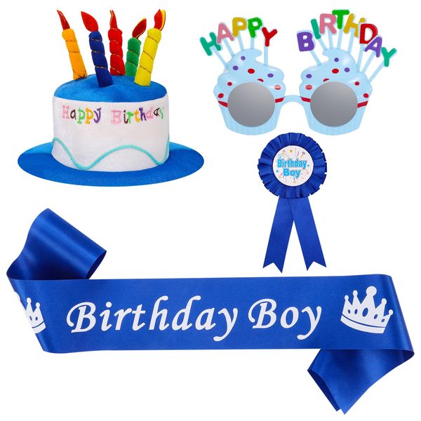 FRIUSATE 4 pieces Happy Birthday Hat, Plush Happy Birthday Cake Hat with Birthday Glasses, Birthday Badge and Birthday Sash Birthday Party Hats for Kids Adults(Blue)