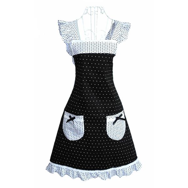 Hyzrz Princess Frill Lace Polka Dot Kitchen Cooking Aprons for Women with Pockets Cross Back