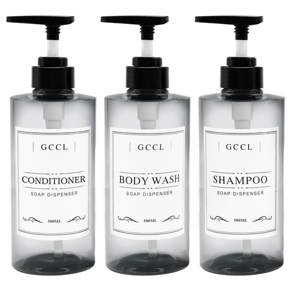 3 Pack Refillable Shampoo and Conditioner Dispenser - 500ml Plastic Empty Soap Dispenser for Shower Gel, Reusable Body Wash Liquid Bottle Pump Dispenser Set with Labels for Bathroom or Hotel