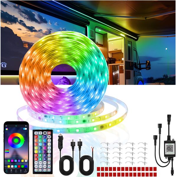 Yeenoon RV Awning Lights, 12V 32.8FT RGB-IC RV Camping Awning Lights, IP68 Waterproof LED Lights，RV Exterior Strip Lights for Motorhome Travel Trailer Canopy Party, Stands Food Trucks