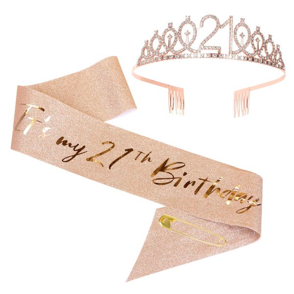 JasperKino 21th Birthday Sash and Tiara Set Rose Gold Birthday Sash Crown Birthday Party Favors Supplies for Girls Birthday Party