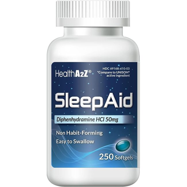 HealthA2Z Sleep Aid, Diphenhydramine HCl 50mg, 250 Softgels, Compare to Unisom