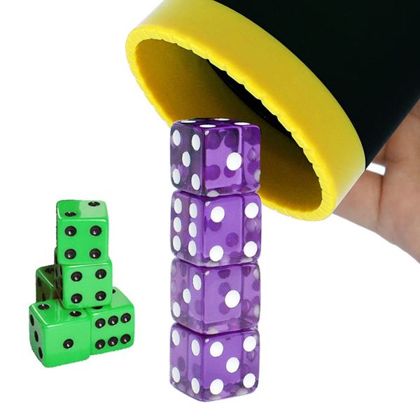 MEISHUNUK Dice Stacking Cup(Black) Set with 4 Pcs 19mm(Puple) and 5 Pcs 18mm(Green) Standard 6 Sided Dices, with Storage Bag-Magic Tricks Instruction