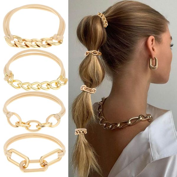 GEEHUA 4Pcs Gold Hair Ties Bracelet, Metal Ponytail Hair Cuff Elastic Rip Tie Hair Ties Hair Bands Cute Wrist Bracelet Hair Accessories for Work Sports Yoga Thick Thin Curly Hair Gold Jewelry Gift