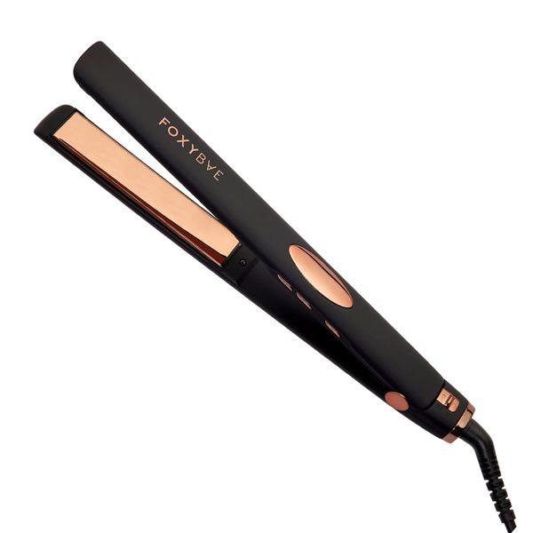 FoxyBae Trés Sleek Titanium Flat Iron Hair Straightener - Frizz-Free, Shinier & Smoother Hair - Dual Voltage Hair Styling Tools - w/LCD Display, Temperature Control, Auto Shut-Off 1" [Black-Rosegold]