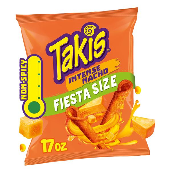 Takis Intense Nacho 17 oz Fiesta Size Bag, Cheese Flavored Non-Spicy Cheesy Rolled Tortilla Chips