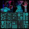 DPKOW Blue Glow in the Dark Temporary Tattoos Indian Lace for Woman Girls Hand Arm Body Art, 10 Sheets Luminous Glitter Mandala Flower Temporary Tattoo Stickers Moon Star Butterfly for Neon Face Paint