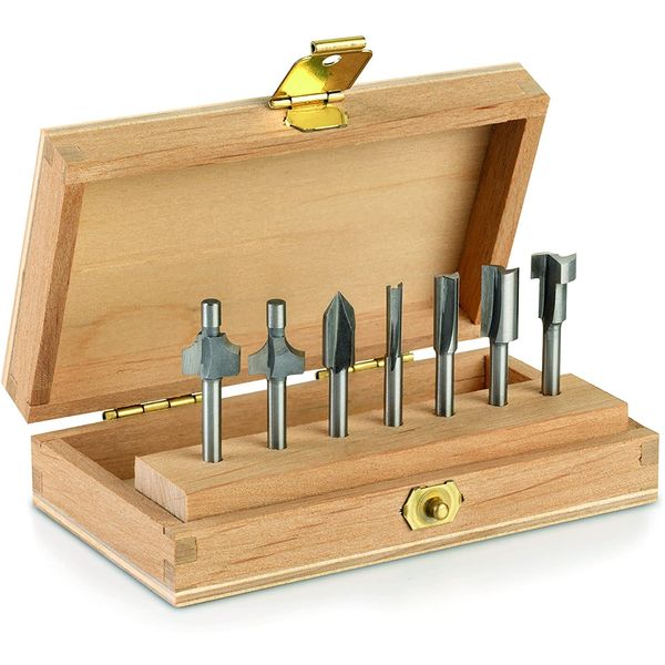 Dremel 660 Router Bit Set, 7 Multipurpose Router Bits for Rotary Tools in Wooden Tool Box, 3.2 mm Shank