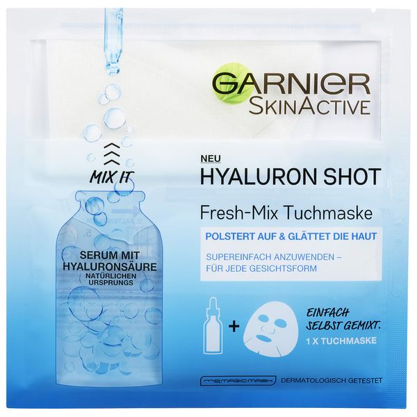 Garnier SkinActive Hyaluron Shot Fresh-Mix Tuchmaske, feuchtigkeitsspendend, polstert auf und glättet die Haut, 1er-Pack (1 x 33 g)