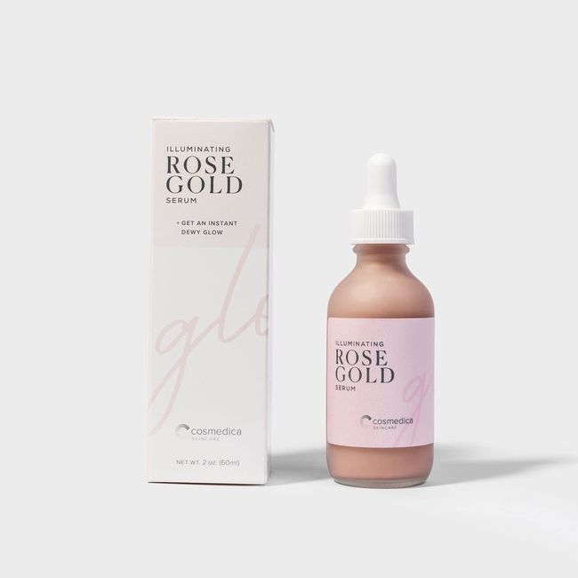 Illuminating Rose Gold Facial Serum Elixir with hydrating Aloe and Hyaluronic Acid for a light highlighting Primer - Natural makeup or no makeup look with dewy finish (2 oz.)