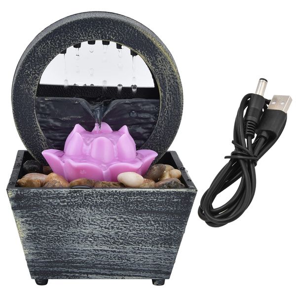 Joyzan Indoor Tabletop Water Fountain, Home Desktop Waterfall Meditation Fountain with River Stones and LED Light USB Lotus Leaf Small Fountains for Office Relaxation Table Decoration Ornament