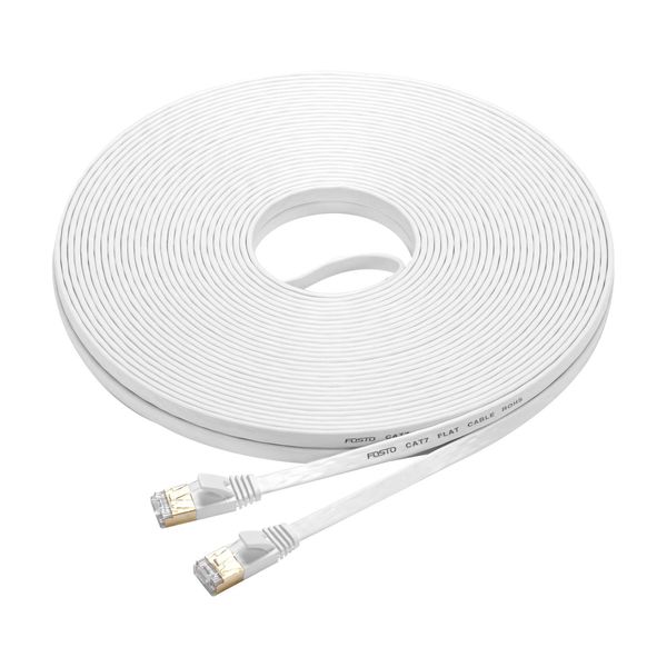 FOSTO Cat7 LAN Cable, 20M Ethernet Cable, Ultra Flat Cable, High Speed STP, Anti-Crack, RJ45 Connector, Gigabit 10Gbps/600MHz, Gold Plated Connector, 20M White, Commercial and Outdoor Use (White)