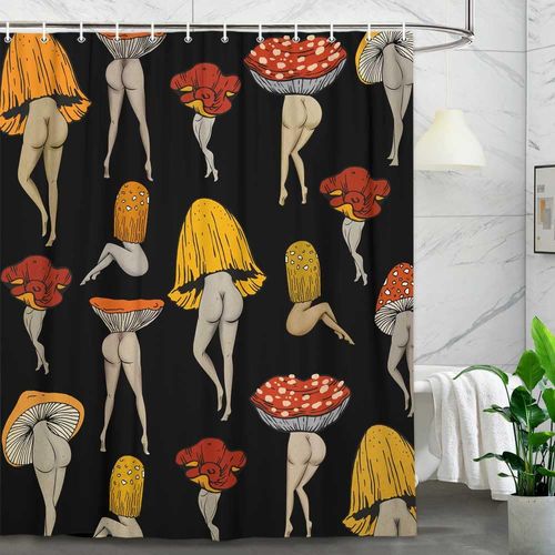 Lacoiime Funny Mushroom Shower Curtain, Cool Black Mushrooms Butt Shower Curtains for Bathroom Cute Fabric 70s Hippie Cottagecore Bathroom Curtains Decor with 12 Hooks,70X70IN