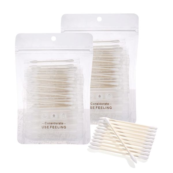 KRIZJUES Cotton Swabs, Individually Wrapped Cotton Buds, Biodegradable Cotton Tip Applicator Suitable for Ear, Beauty Care, Cleaning, Make up - Round and Pointed Shape Cotton Heads (200 Count)