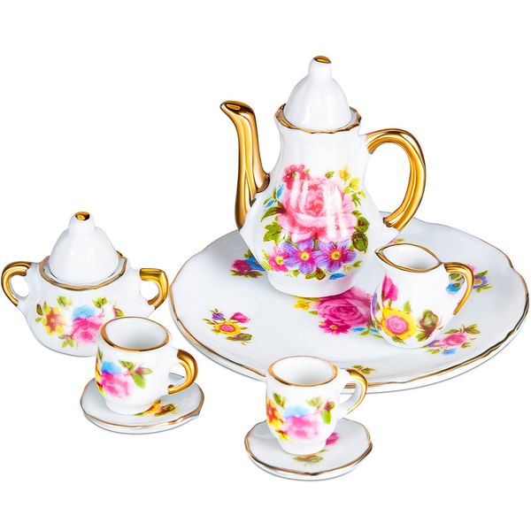 Skylety Dollhouse Tea Cup Set 1:12 Miniature Porcelain Dollhouse Accessories 8 Pcs Miniature Porcelain Set Christmas Decoration Mini Flower Pattern Teapot Cup Plates Set for Dollhouse Kitchen Supplies