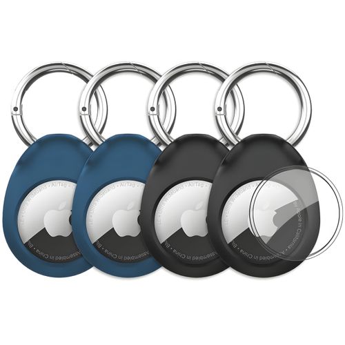Hard-Shell AirTag Keyring Holder for Apple AirTags [4 Pack] Anti-Lost Anti-Scratch Secure Key Ring Case for Pet Collar, Key, Luggage. 360° Protective Full Cover Air Tag Keychain Accessory (Black/Blue)