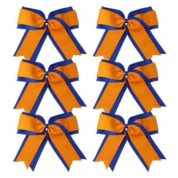 8 Inch 2 Colors Cheerleader Bows 2 Layers 6 Pcs Ponytail Holder Cheerleading Bows Hair Elastic Hair Tie (Royal Blue/Orange)