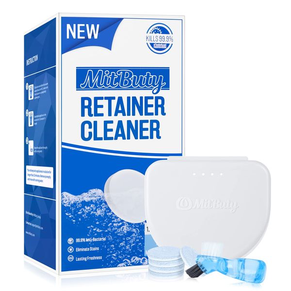 MitButy Retainer Cleaner Tablets (120 Count) with 1 Denture Bath Case and 1 Brush - Denture Cleaning Tablets for Invisalign, Aligners, Mouth & Night Guards, and Removable Dental Appliances