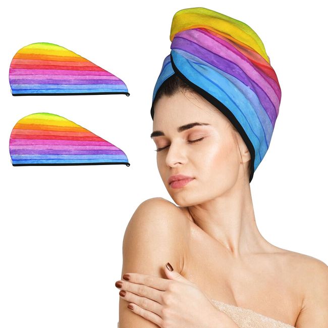 IMPCOKRU Hair Wraps(2 Pack) for Polyester Brocade Coral Fleece,Rainbow Stripes Quick Dry Hair Towel,Super Absorbent with Button Hair Towels for Women(25.2 x 10.2 in).