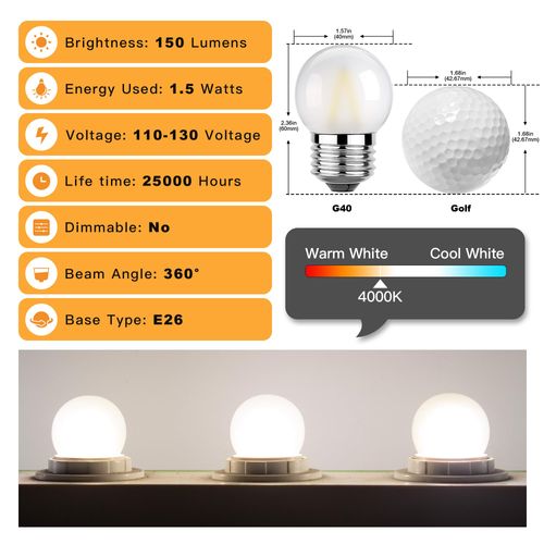 Sphoon G40 Low Wattage Led Bulb 1.5W Small Globe Edison Light Bulbs,Neutral White 4000K for Outdoor Sting Light Fridge Freezer,Standard E26 Base Frosted Glass,15 Watt Equivalent,150lm, Pack of 4