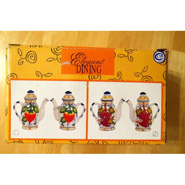 OIL VINEGAR CRUET SET HAND PAINTED GRAPE VINYARD MOTIF NIB by ELEGANT DINING