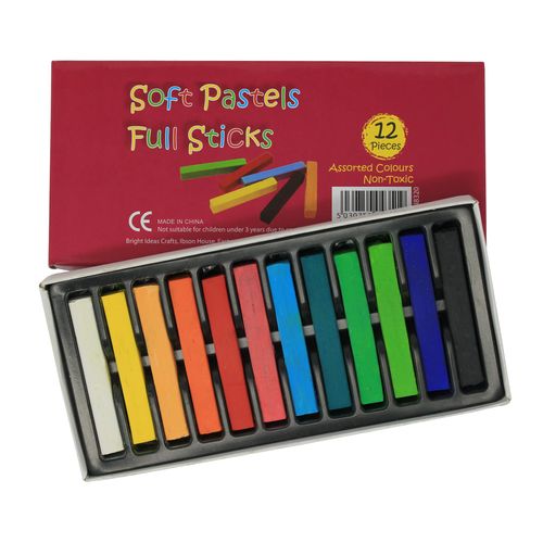 Bright Ideas Soft Pastels PK12 Assorted Colours Soft Pastels Full Sticks - Intense Bright Colours Perfect Square Chalk for Blending for Kids, Artists, Students